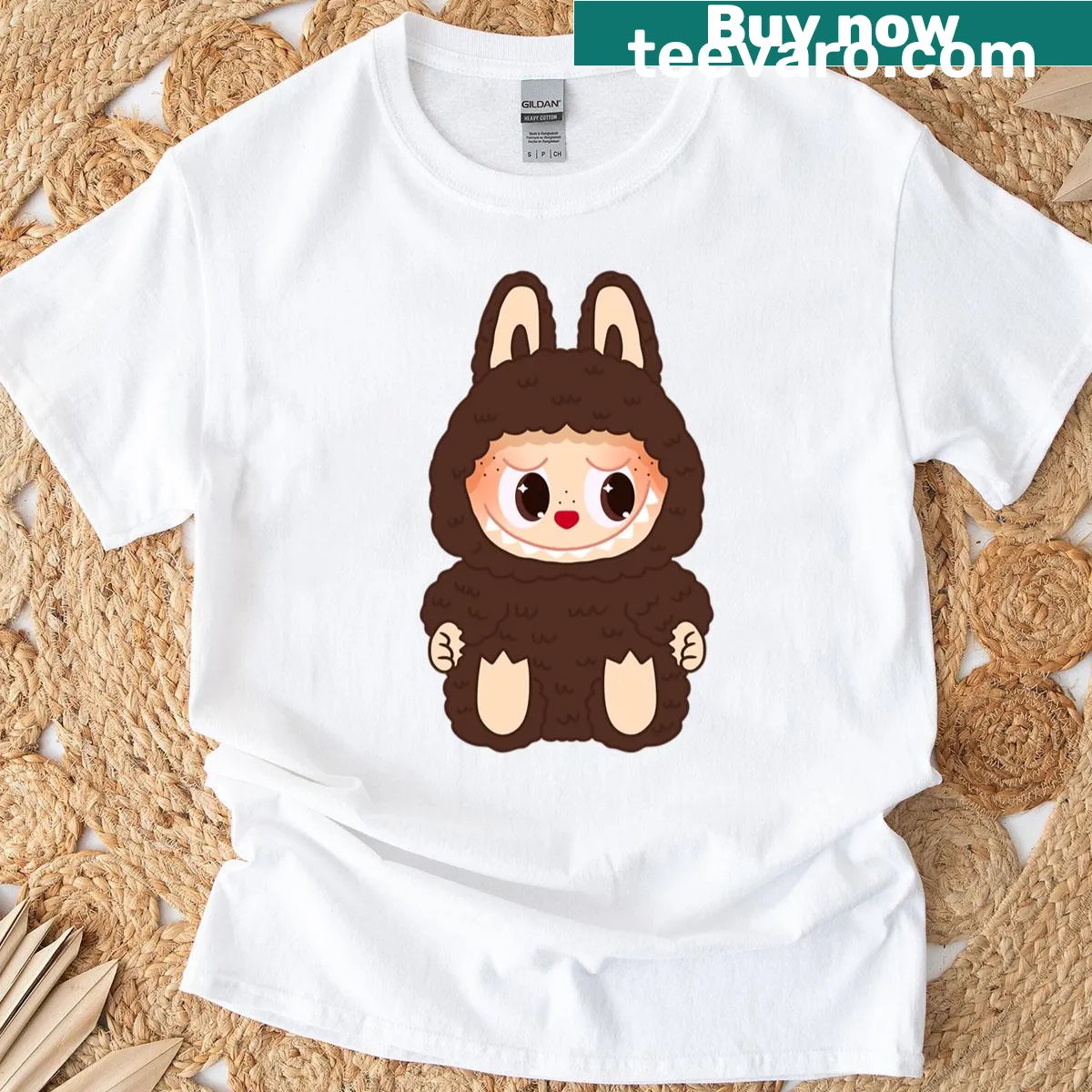 Cute t-shirt with whimsical 'Labubu Doudou Have A Seat' graphic — on a men's t-shirt