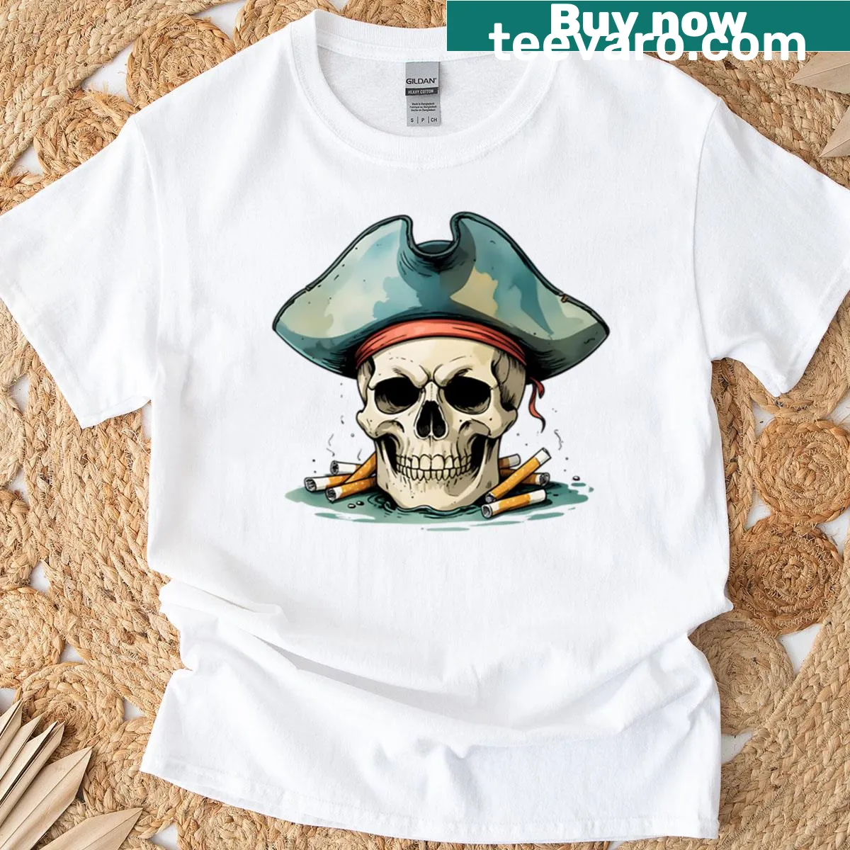 Pirate skull graphic surrounded by cigarette butts on T-shirt — on a men's t-shirt