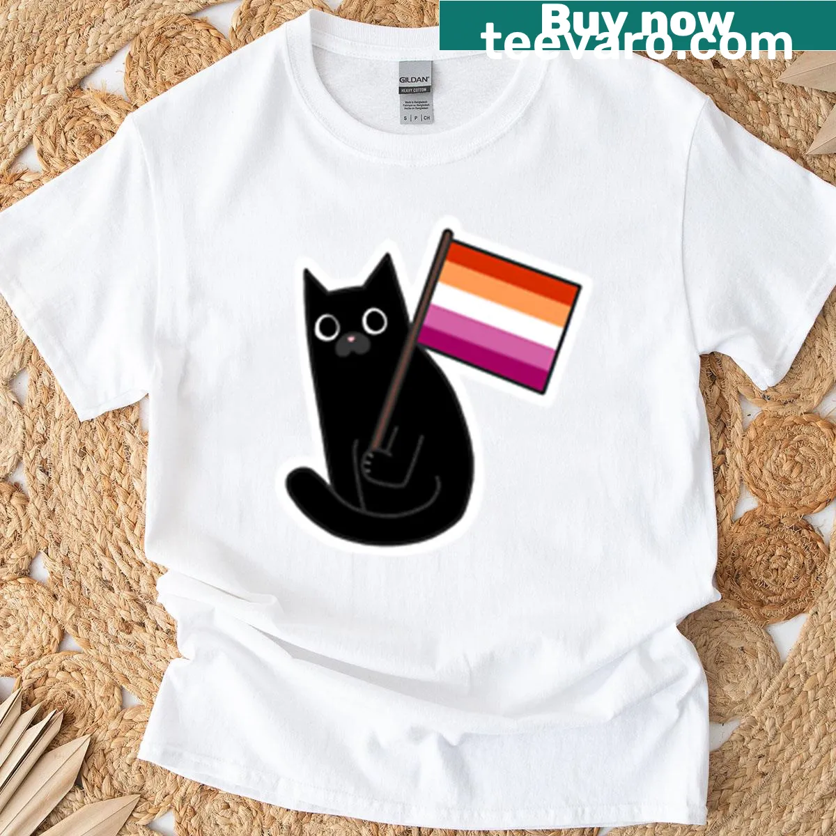 Illustration of a black cat with a lesbian pride flag sticker — on a men's t-shirt