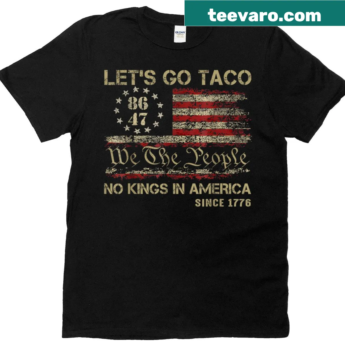 Patriotic T-shirt featuring taco graphic and 'No Kings In America Since 1776' text — on a men's t-shirt