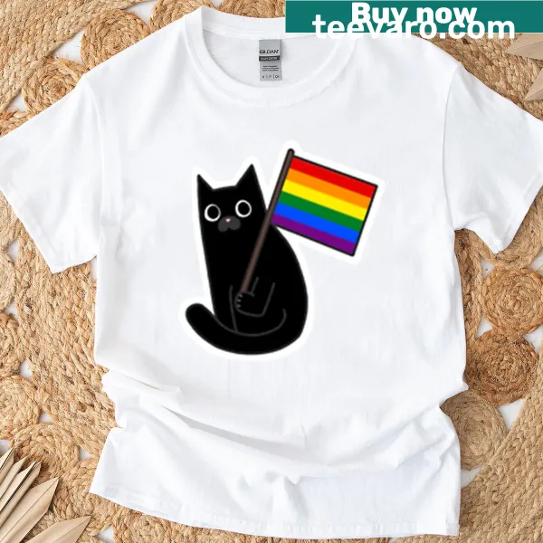 Black cat with rainbow pride flag sticker illustration on t-shirt