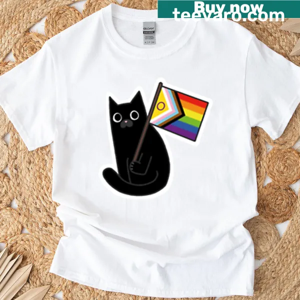Black cat with LGBTQIA pride flag sticker illustration