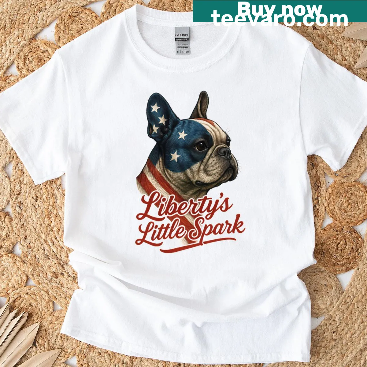Patriotic French Bulldog graphic on T-shirt — on a men's t-shirt