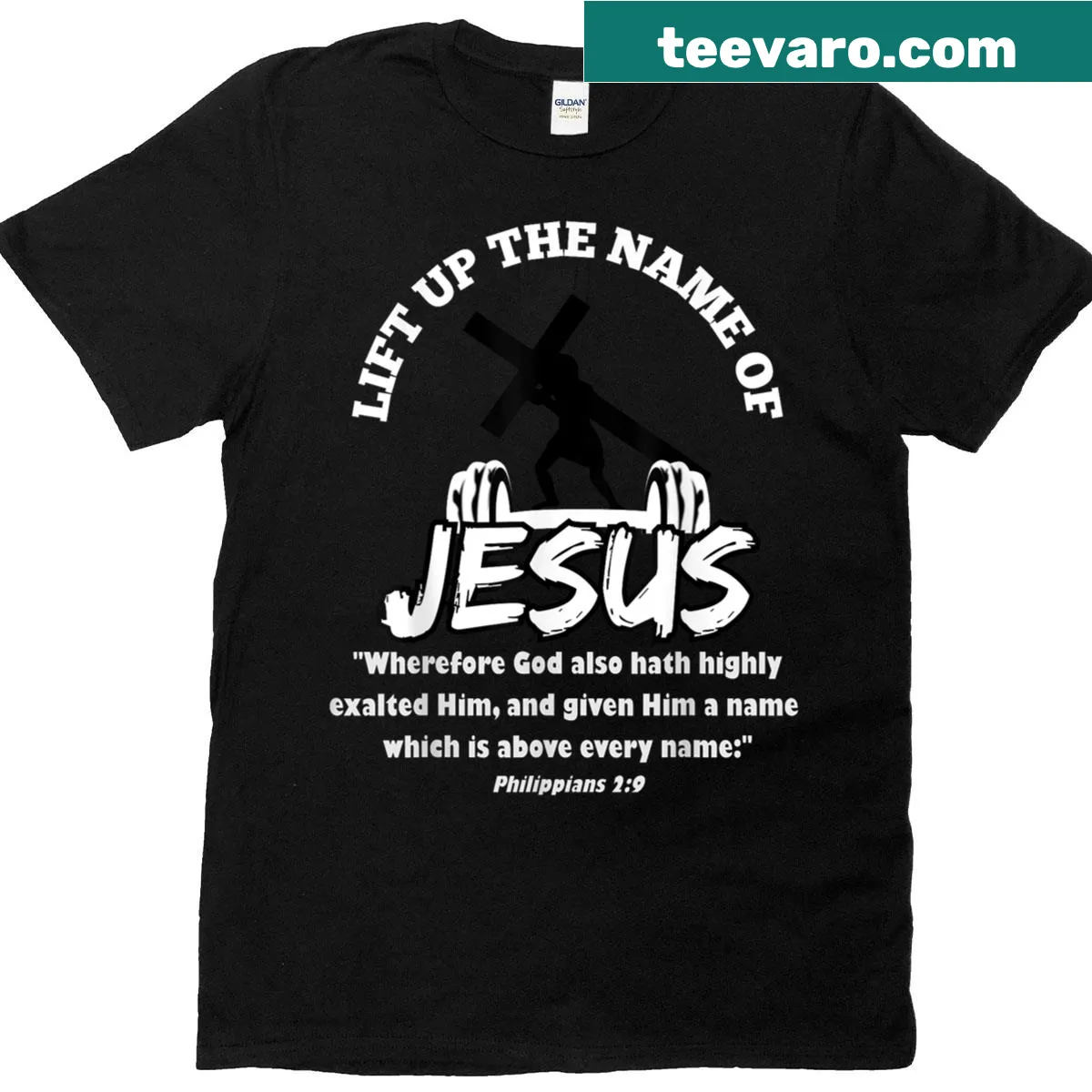 T-shirt with the inspirational message 'Lift Up The Name Of Jesus' — on a men's t-shirt