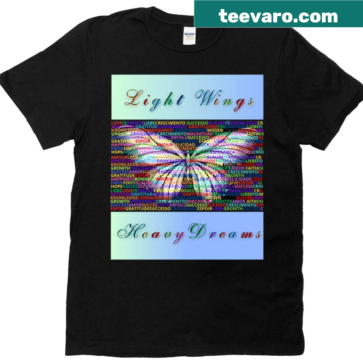 Illustrated T-shirt with a butterfly and the phrase 'Light Wings Heavy Dreams' — on a men's t-shirt