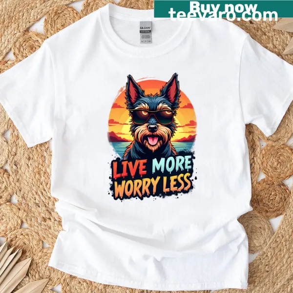 T-shirt displaying the phrase 'Live More Worry Less' in bold typography