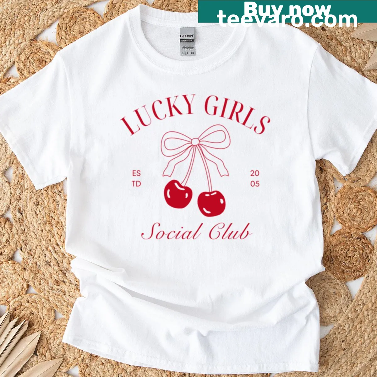 Charming T-shirt with cherries and a preppy bow featuring 'Lucky Girls Social Club' — on a men's t-shirt