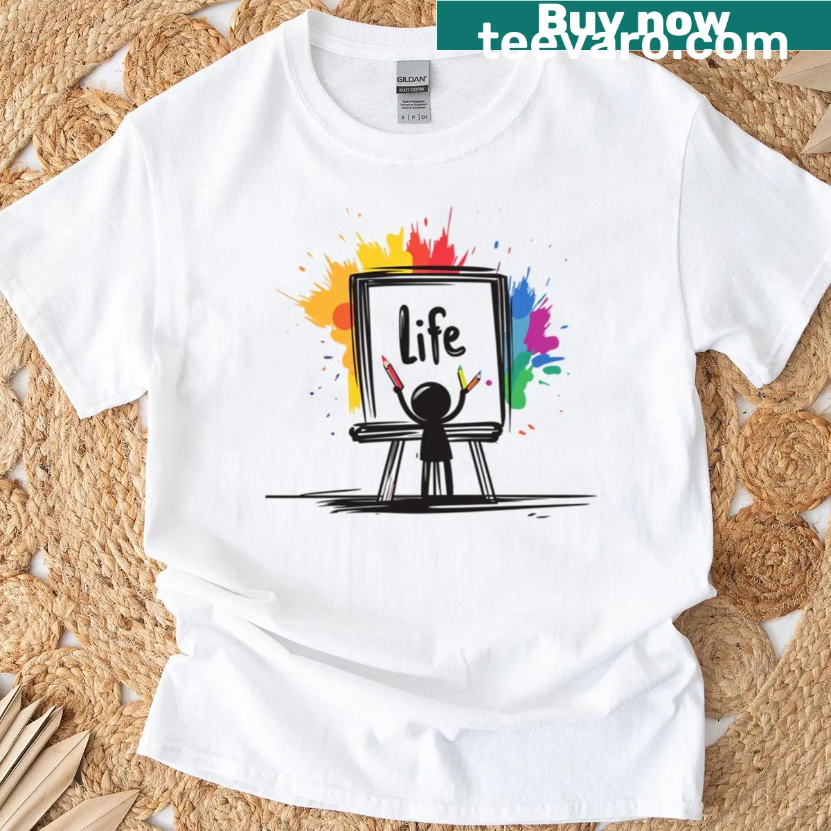 Inspirational t-shirt with playful typography encouraging a colorful life — on a men's t-shirt