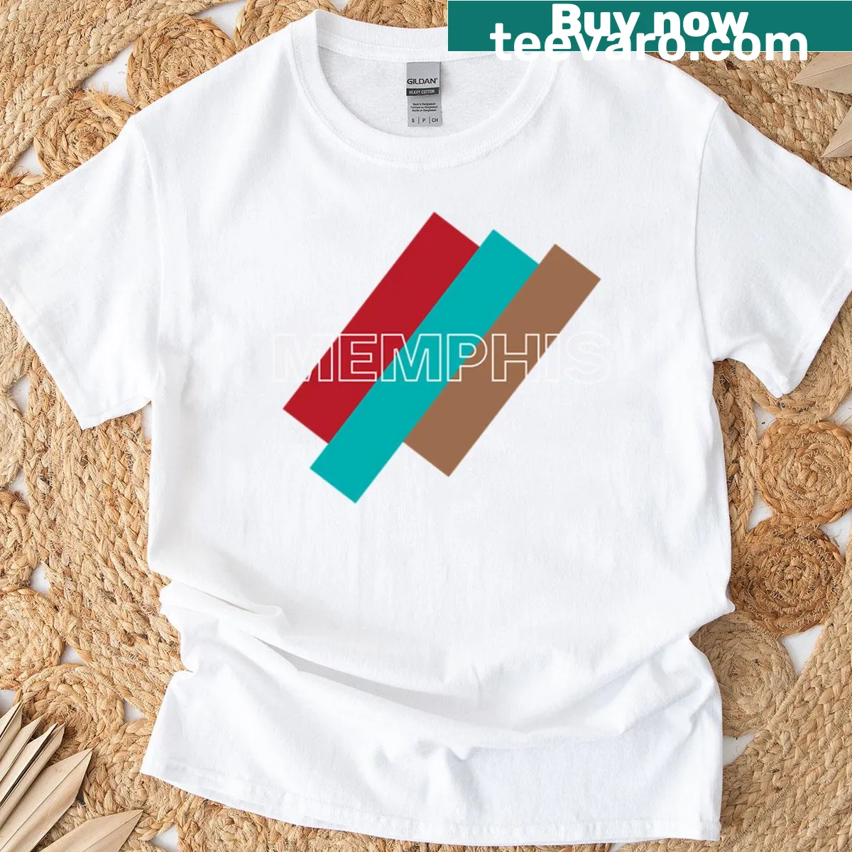 Memphis-inspired boxy T-shirt with geometric patterns — on a men's t-shirt