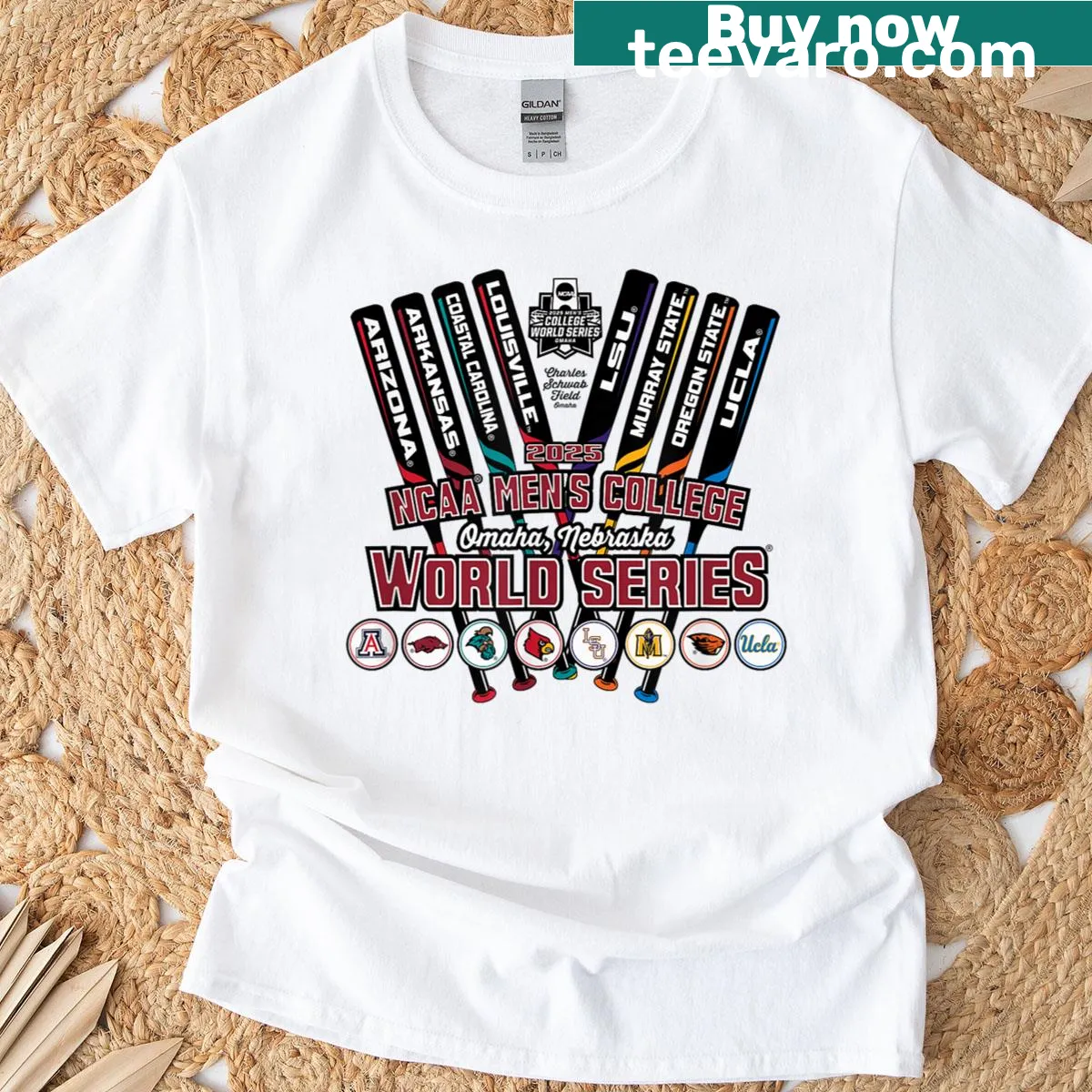 Graphic T-shirt featuring College World Series 2025 baseball design — on a men's t-shirt