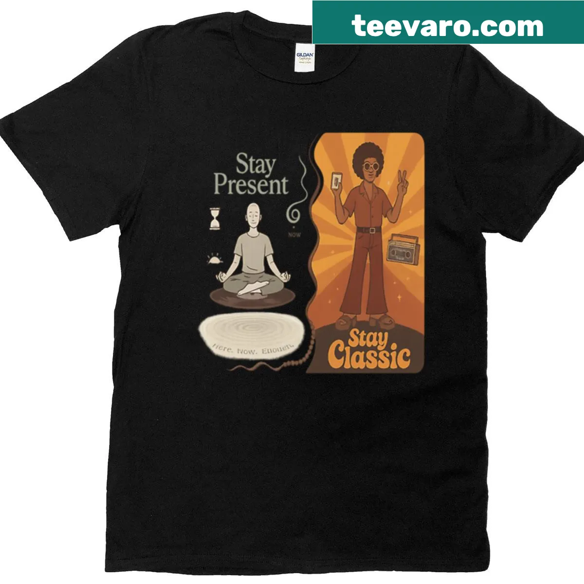 Typography t-shirt with the phrase 'Stay Present' promoting mindfulness — on a men's t-shirt