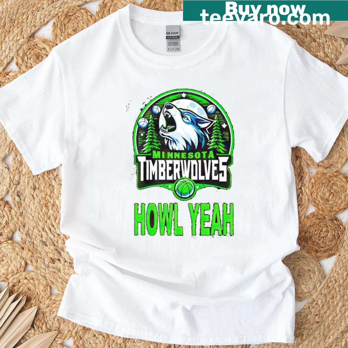 Playful Timberwolves design T-shirt with 'Howl Yeah' text. — on a men's t-shirt