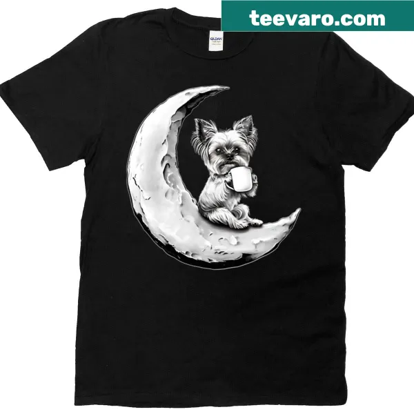 Illustration of a Yorkie with coffee under the moon on a t-shirt