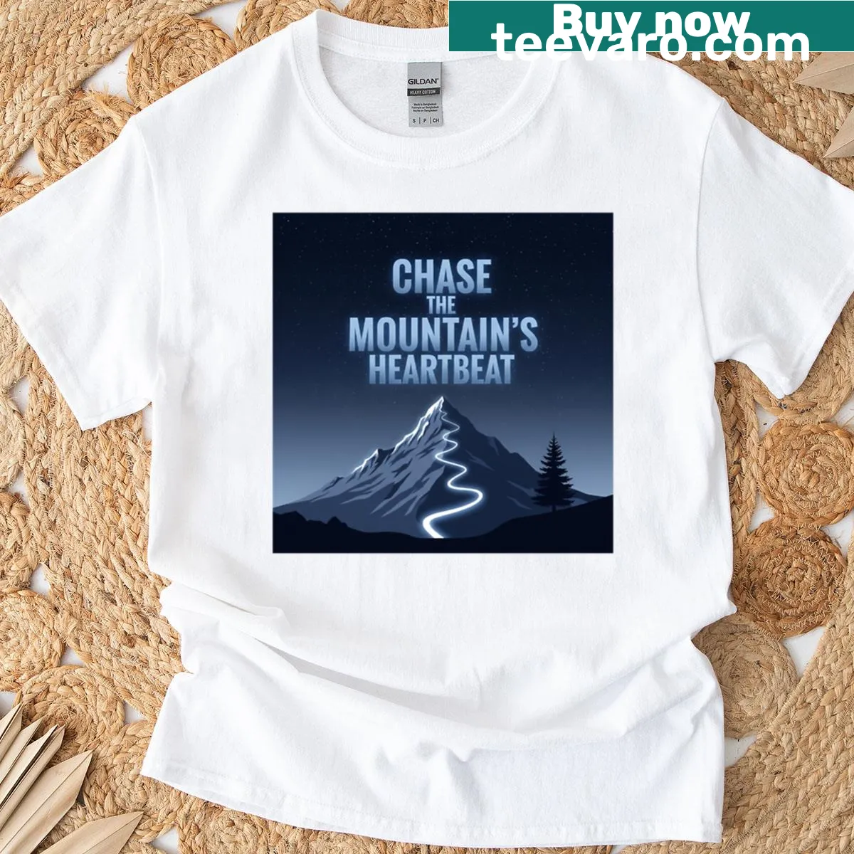 Mountain-themed Chase The Heartbeat hiking t-shirt — on a men's t-shirt