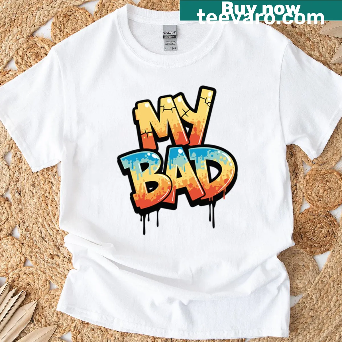 Graffiti style My Bad apology t-shirt with playful typography — on a men's t-shirt