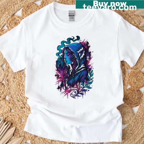 Illuminated t-shirt featuring a hooded figure in neon colors