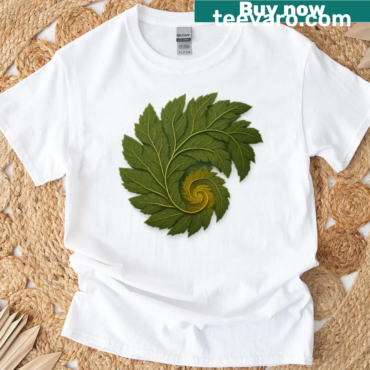 Geometric nature design with golden elements on T-shirt — on a men's t-shirt