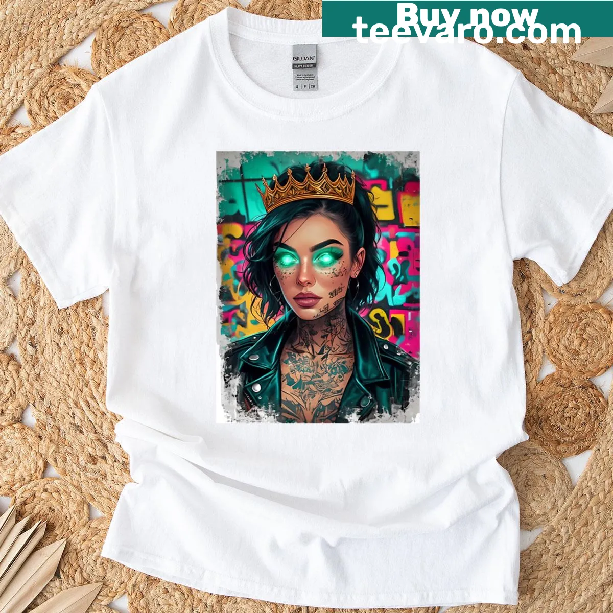 Whimsical queen design representing chaos in neon colors — on a men's t-shirt