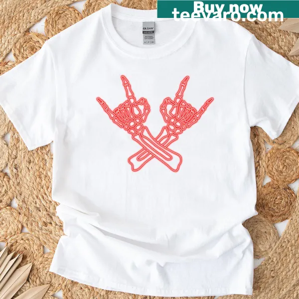 Edgy T-shirt with neon red skeleton hands making devil horns.
