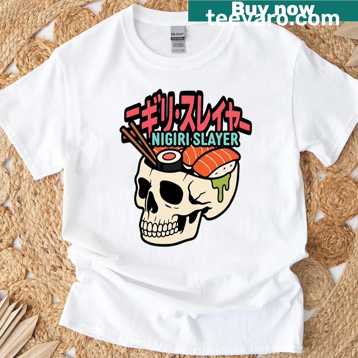 Playful skull design with sushi elements for food lovers — on a men's t-shirt