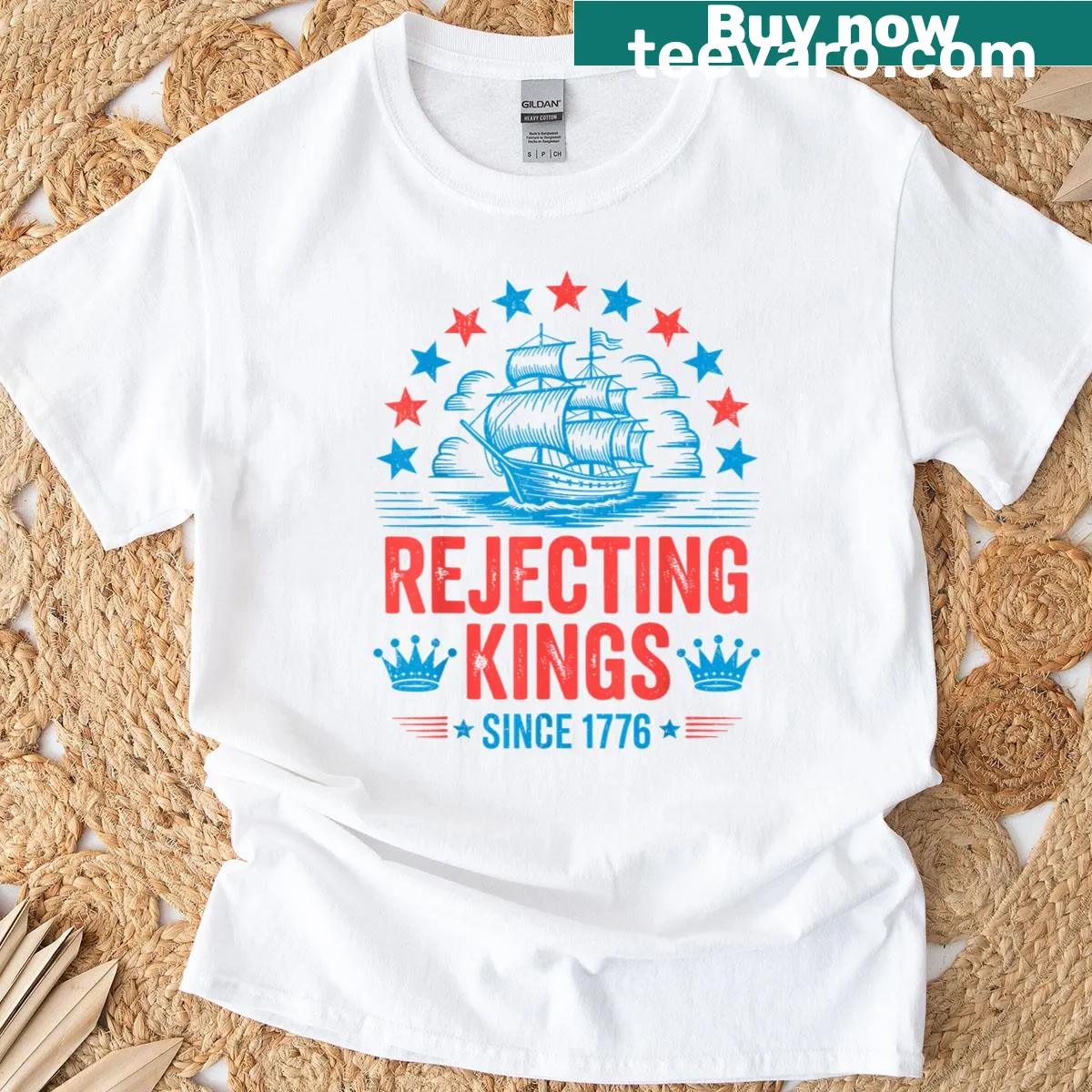 Patriotic shirt with bold text declaring 'No Kings In America.' — on a men's t-shirt