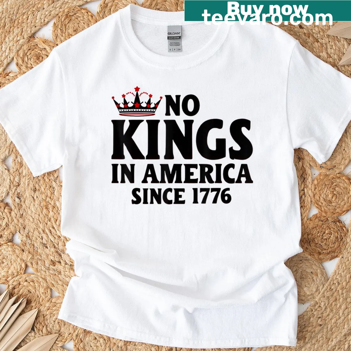 Patriotic t-shirt with 'No Kings In America Since 1776' text — on a men's t-shirt