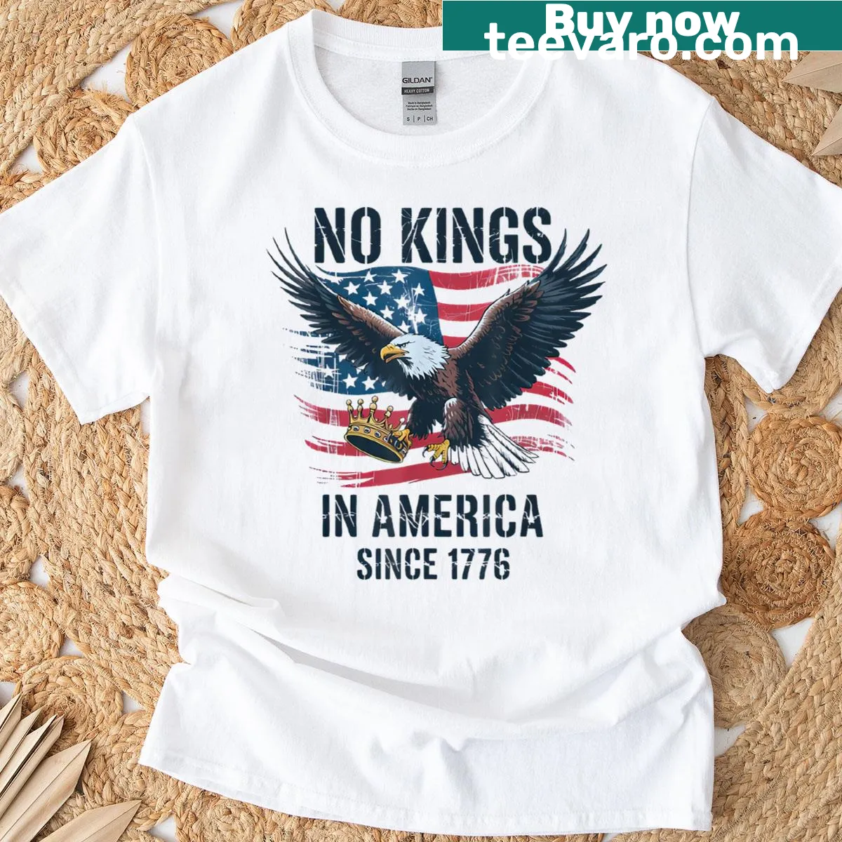 Patriotic t-shirt with 'No Kings In America Since 1776' text — on a men's t-shirt
