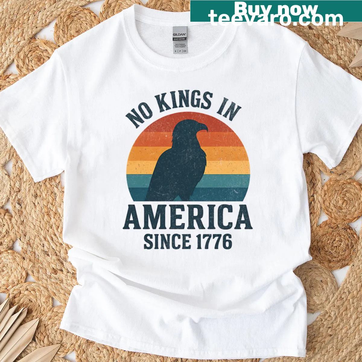 Retro sunset design with bald eagle and patriotic text — on a men's t-shirt