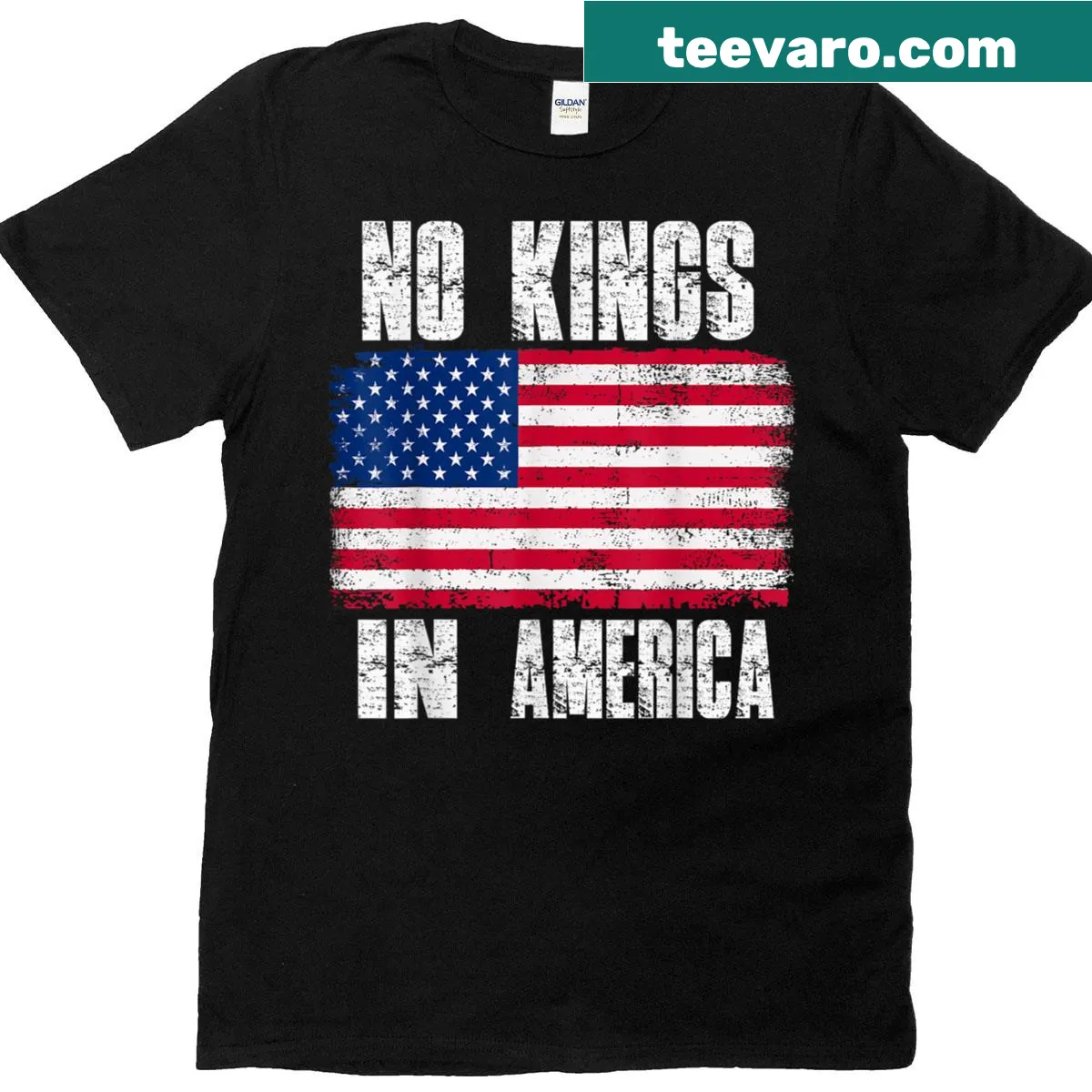 T-shirt with 'No Kings In America Since 1776' and USA flag design — on a men's t-shirt