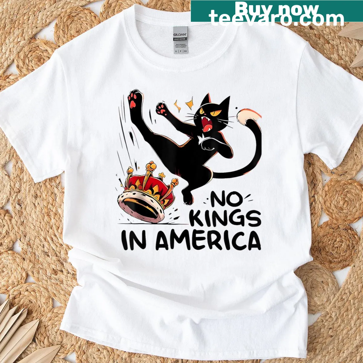 Bold typography T-shirt with 'No Kings In America' text design. — on a men's t-shirt