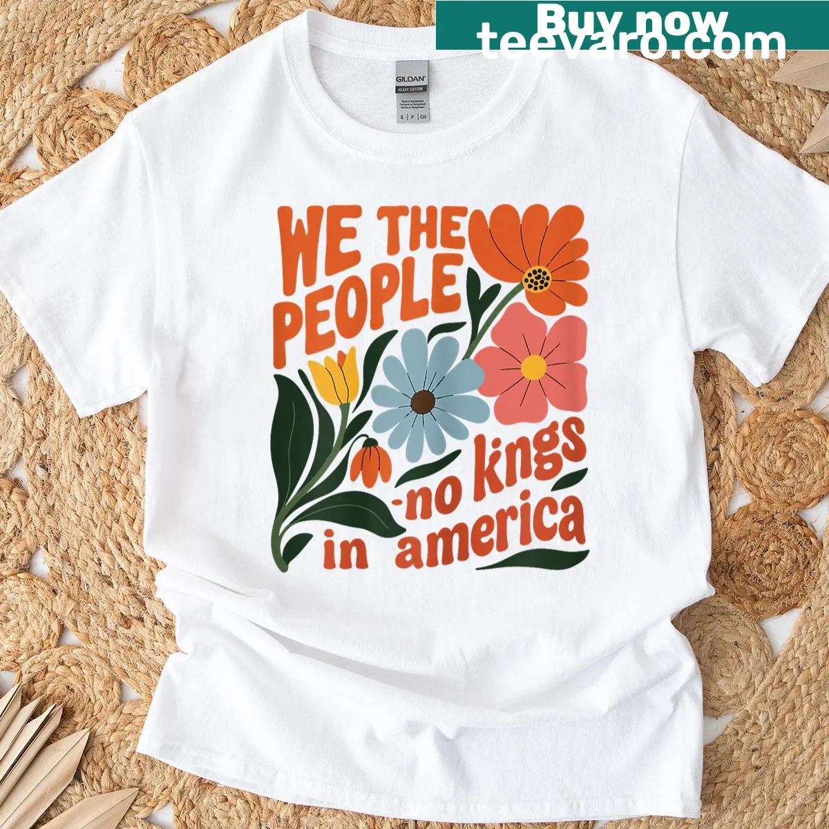 Retro floral design shirt with the phrase 'No Kings In America We The People' — on a men's t-shirt
