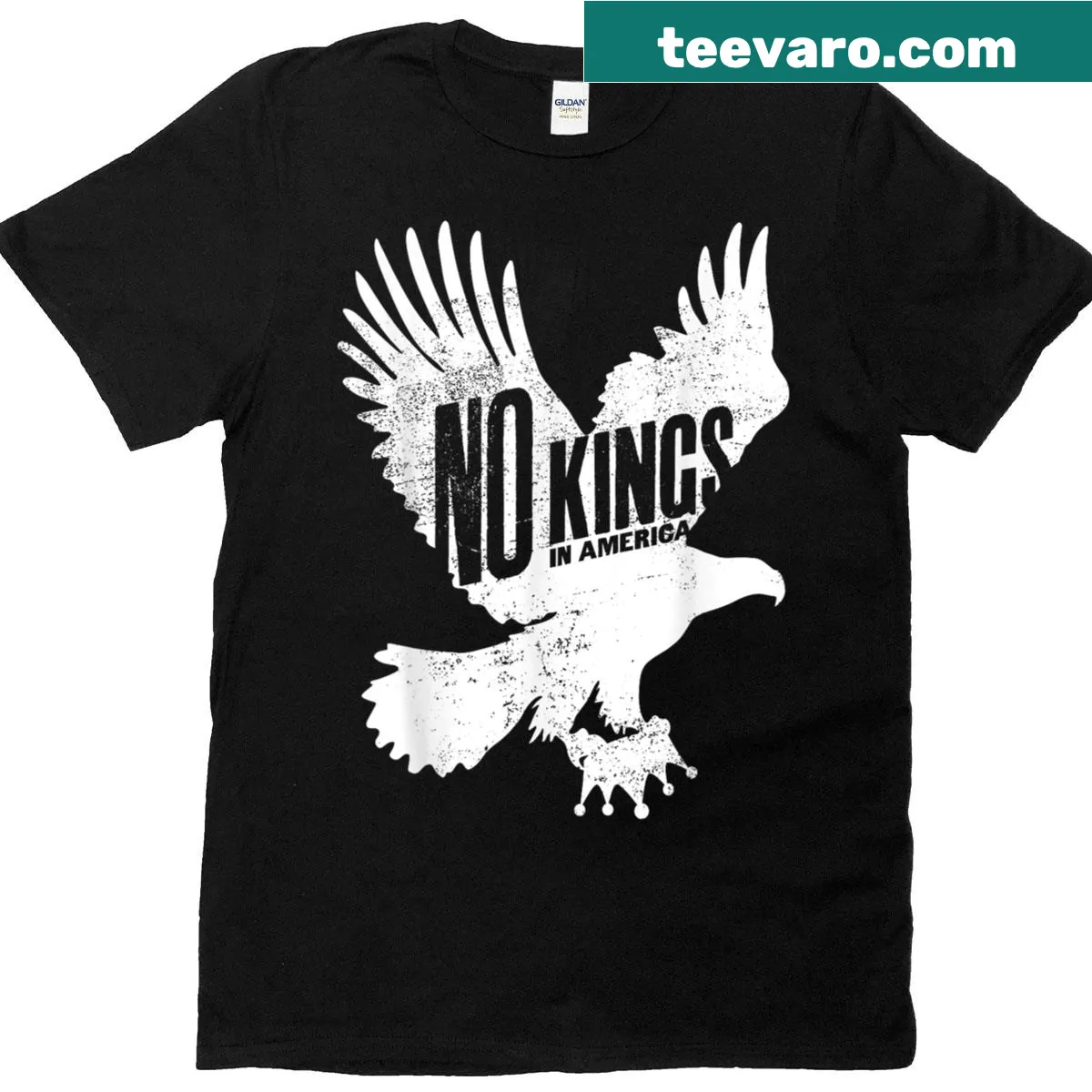 Vertical T-shirt featuring eagle and 'No Kings' text — on a men's t-shirt