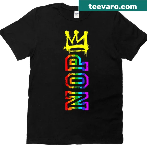 Vertical T-shirt with 'No Kings' and LGBTQ+ pride elements for advocacy.