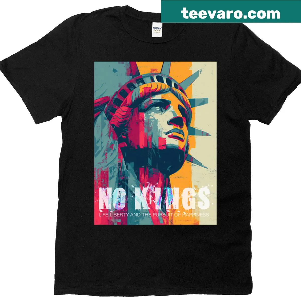 Statue of Liberty T-shirt with life, liberty, and happiness phrase — on a men's t-shirt