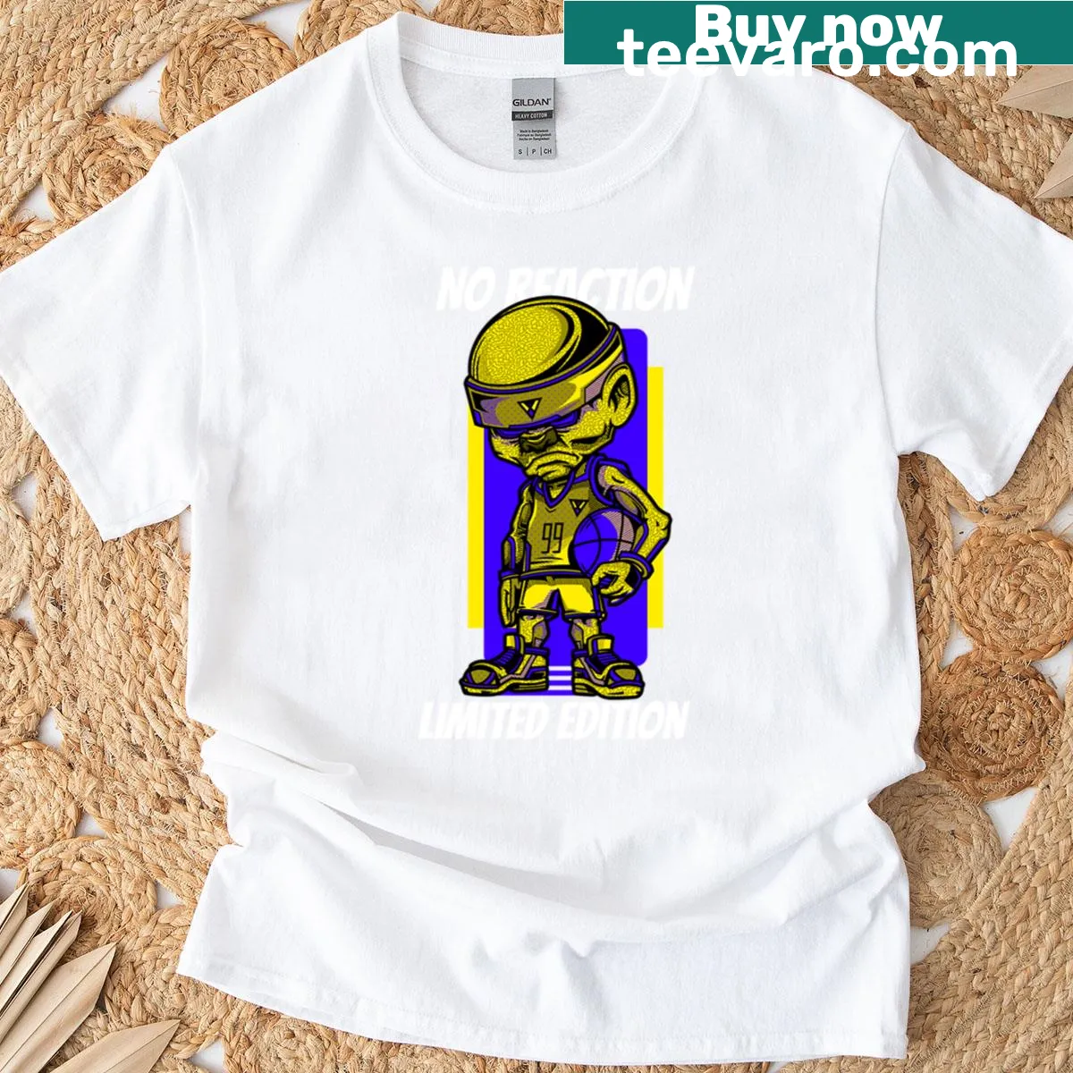 Illustrated basketball player with the phrase 'No Reaction' on the shirt — on a men's t-shirt