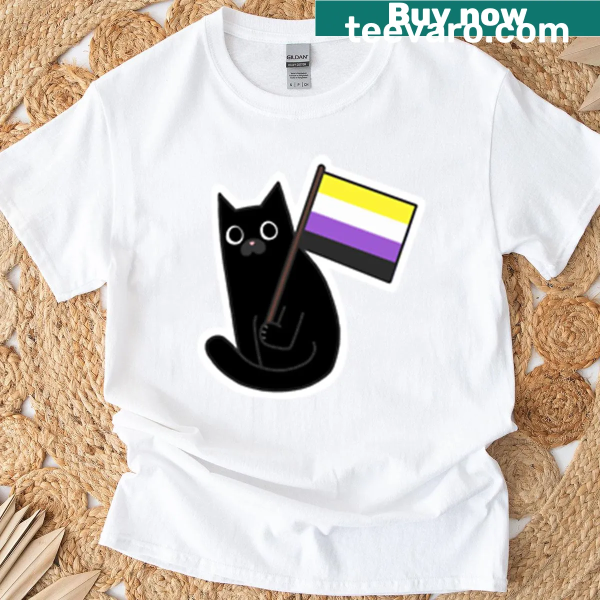 Illustrative T-shirt featuring a black cat and Non-binary Pride Flag. — on a men's t-shirt