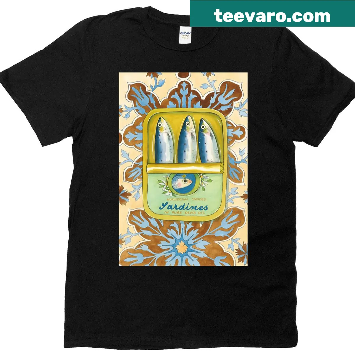 Vintage art T-shirt featuring a can of Norwegian smoked sardines — on a men's t-shirt