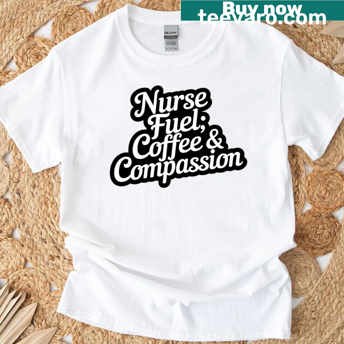 Funny nurse shirt featuring 'Nurse Fuel Coffee Compassion' in typography — on a men's t-shirt