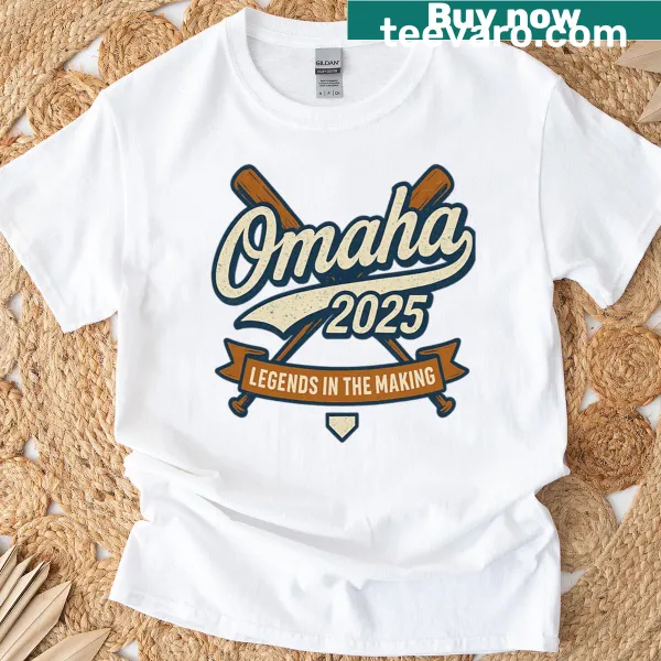 Vintage-style baseball tee featuring Omaha 2025 Legends design.
