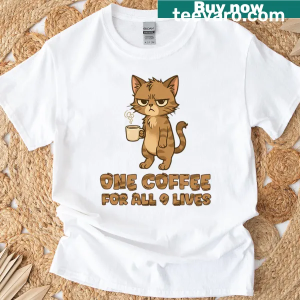 Cute T-shirt with a cat and coffee theme design