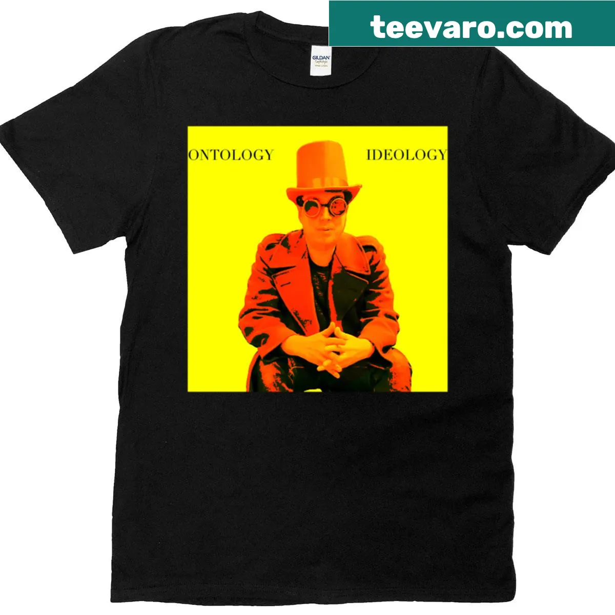 Philosophical 'Ontology Ideology' graphic t-shirt — on a men's t-shirt