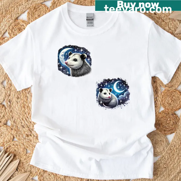 Illustrative T-shirt depicting an opossum under a crescent moon at night.
