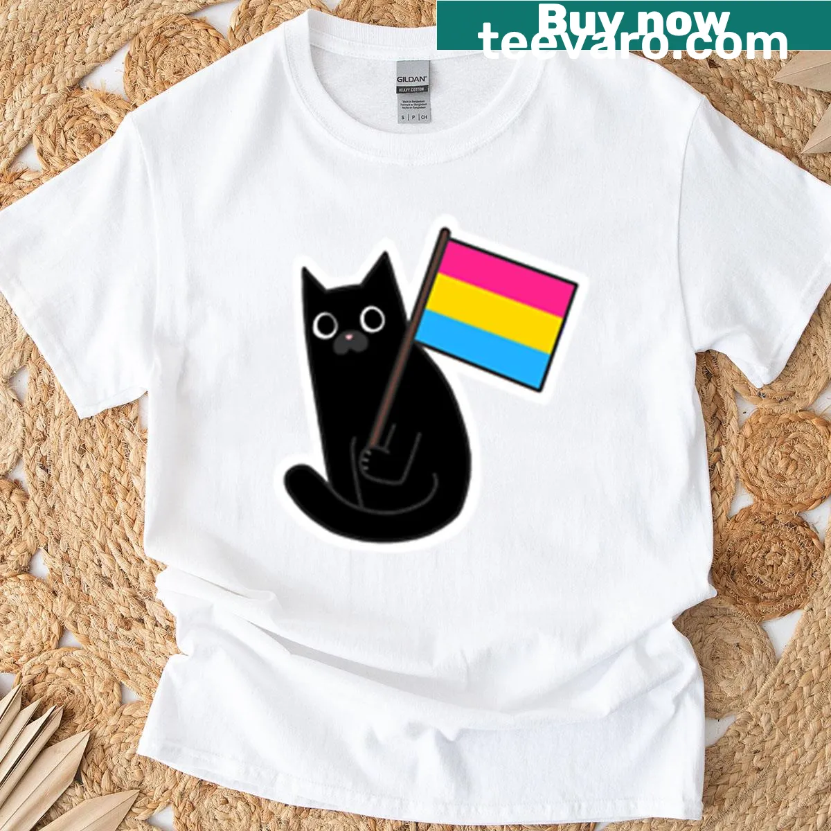Black cat graphic with pansexual pride flag on T-shirt — on a men's t-shirt