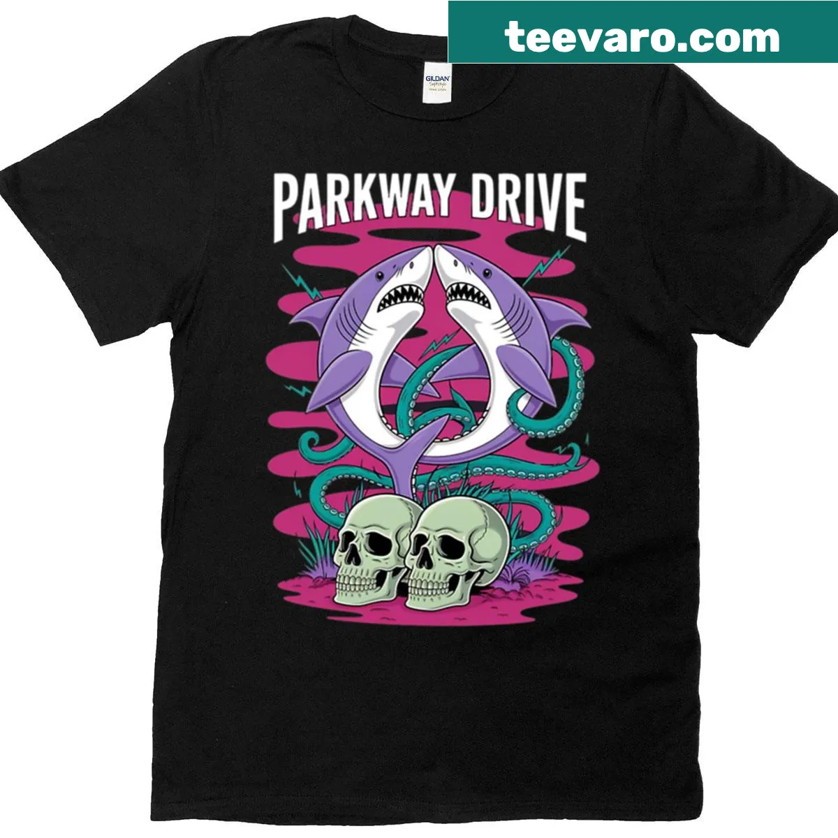 Bold Parkway Drive band emblem on T-shirt. — on a men's t-shirt