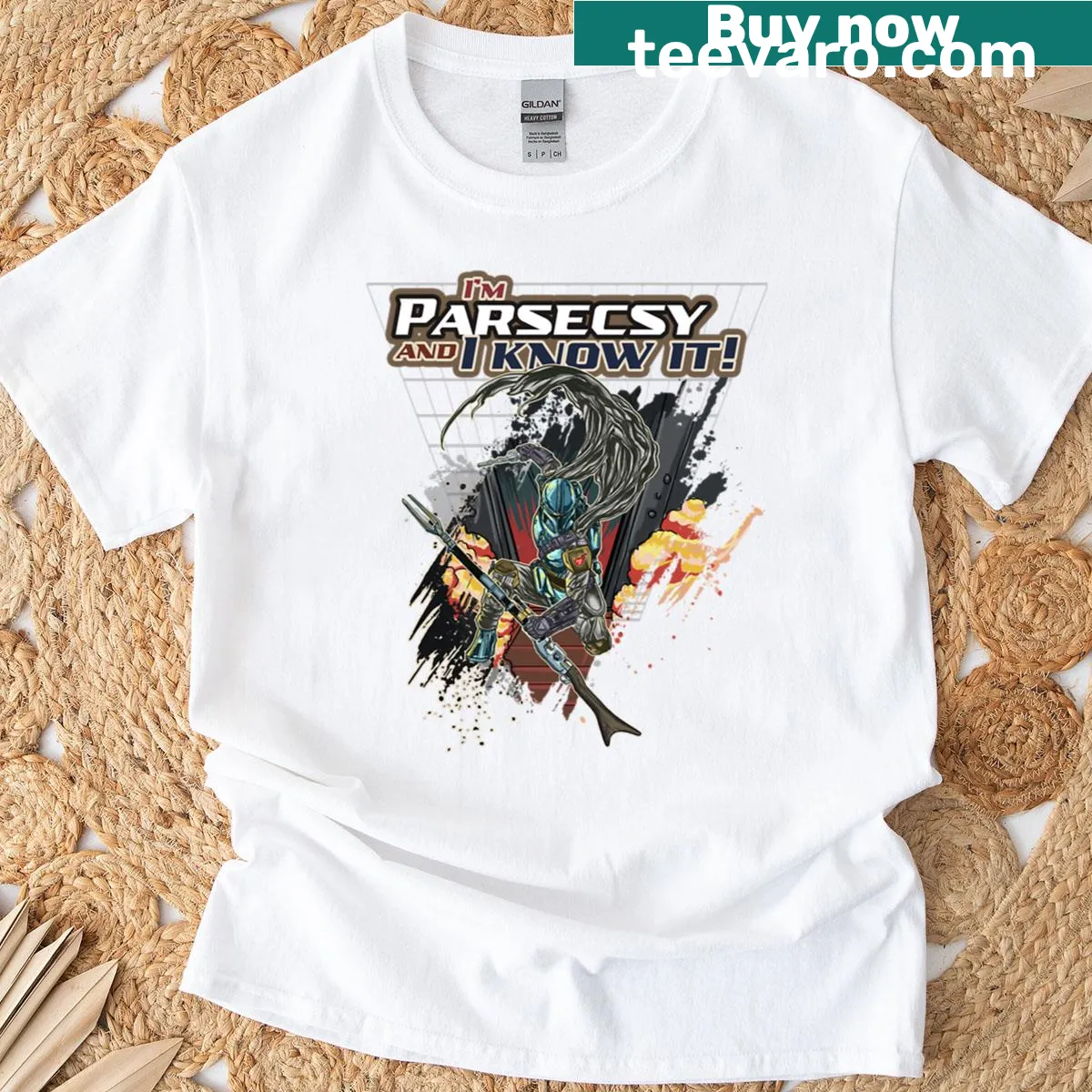 Parsecsy Hunter T-shirt with gaming-themed graphic — on a men's t-shirt