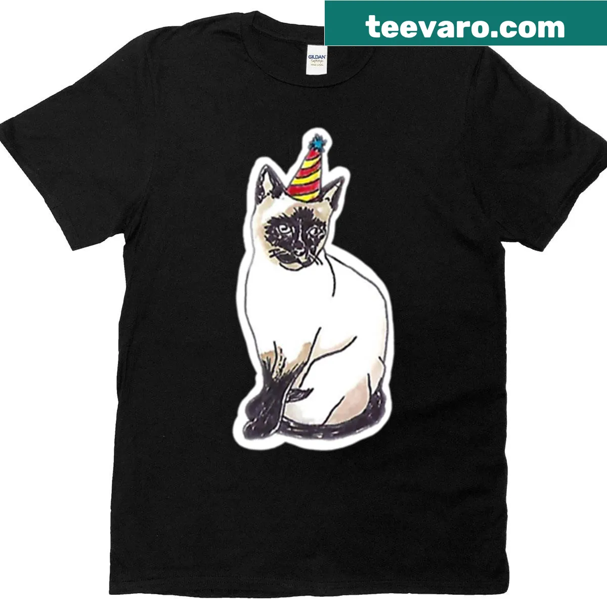 Whimsical Party Cat graphic on a fun t-shirt — on a men's t-shirt