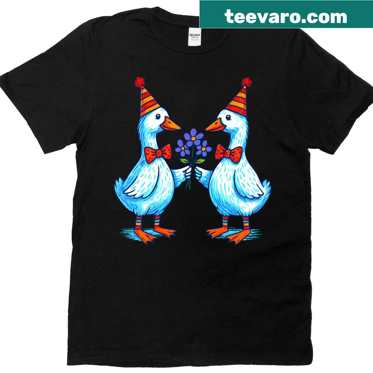 Illustration of party geese among flowers on a T-shirt — on a men's t-shirt