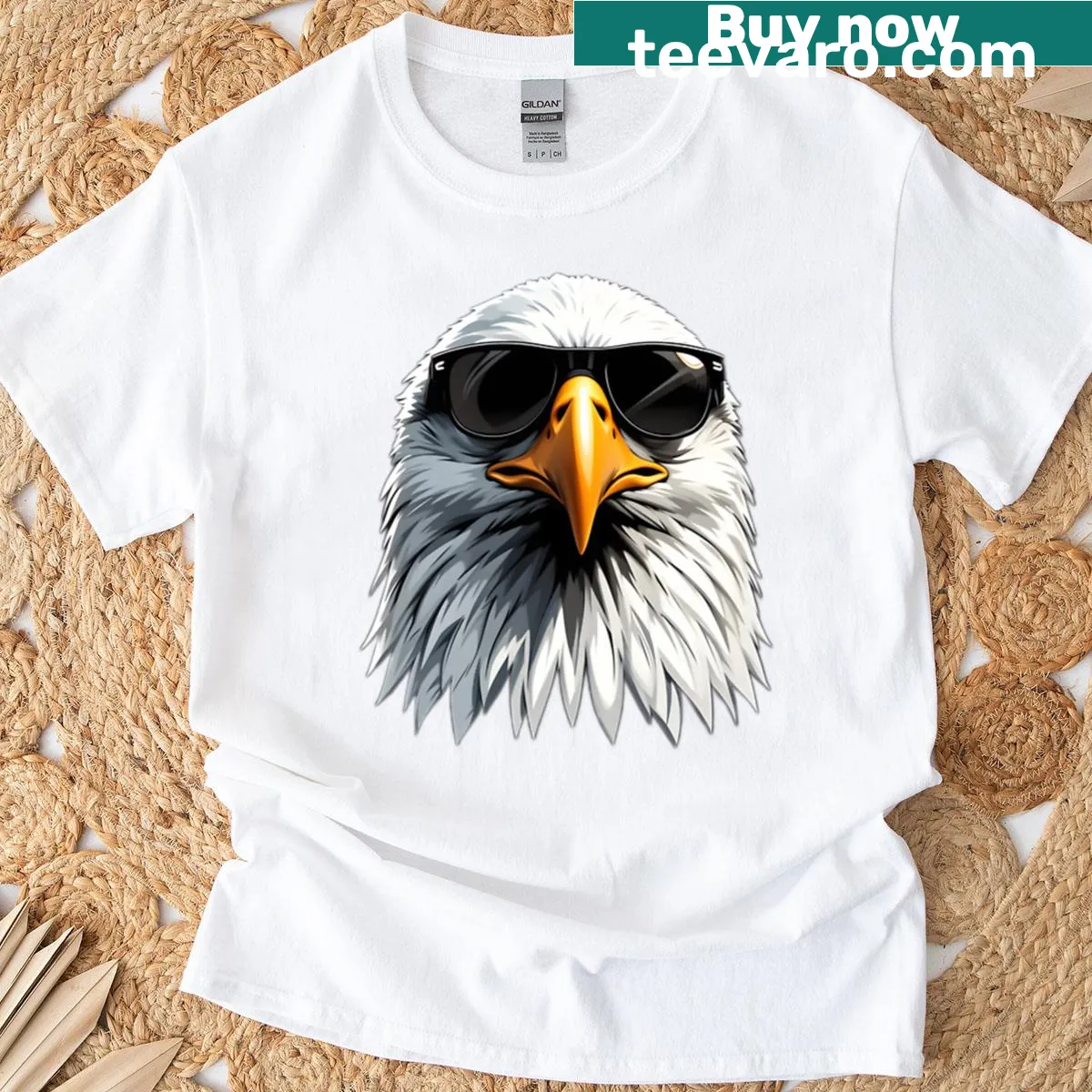 Cartoon patriotic eagle in sunglasses for 4th of July — on a men's t-shirt