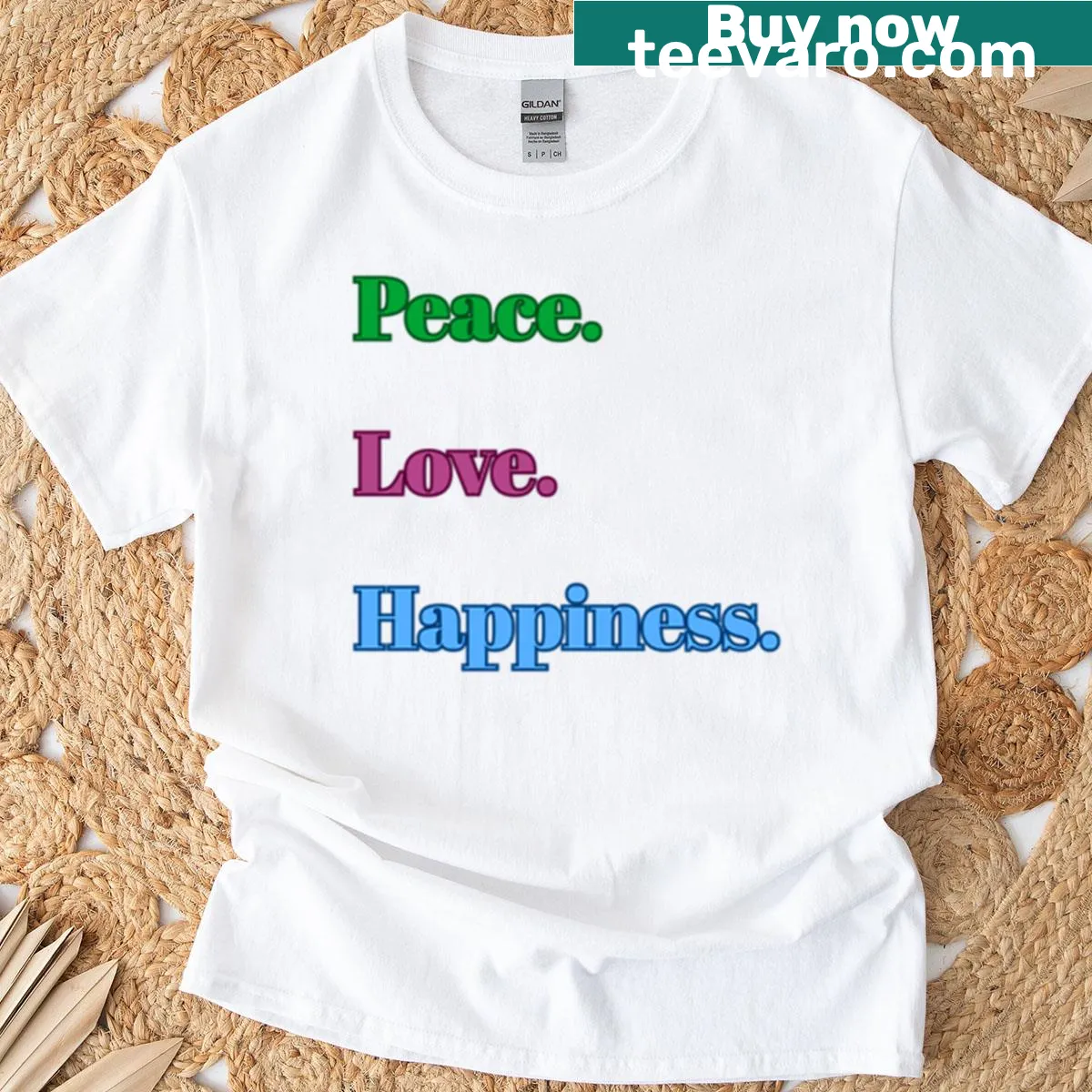 T-shirt with Peace Love And Happiness typography design — on a men's t-shirt