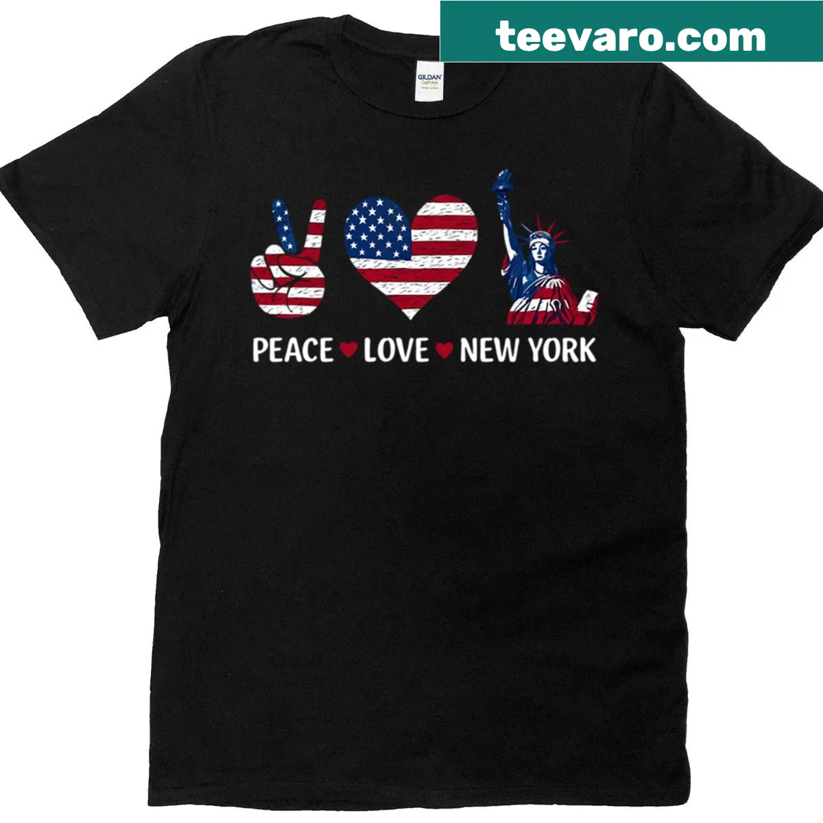 Typography T-shirt saying Peace Love New York — on a men's t-shirt